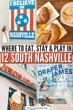 there are some food and drinks on the table in front of this building that says, where to eat, stay & play in 12 south nashville