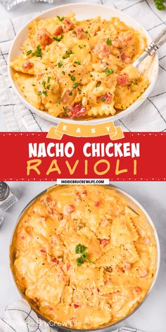 two plates filled with macaroni and cheese on top of each other, next to the words nacho chicken ravioli