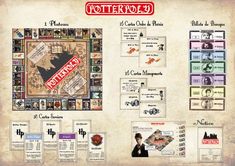 a board game with lots of cards and information about the characters in potter's role