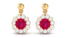 Product Details Experience the enchantment of nature with these Ruby Flower Drop Earrings. A captivating Diamond halo adds a touch of brilliance to their beauty. Product Information SKU SHP-EARRINGS032210872 Weight 1.52 gm (Approximate) RUBY INFORMATION No.of Stones 2 Pieces Total Weight 0.51 Carat (Approximate) Dimension(approx) Round-4X4 mm-2 Pcs Color Red Cut Brilliant Shape Round Setting Type Prong-Setting Quality Grade AAA DIAMOND INFORMATION No.of Stones 22 Pieces Total Weight 0.55 Carat ( Yellow Gold Round Flower Earrings With Prong Setting, Yellow Gold Flower Earrings With Prong Setting, Ruby Earrings With Halo Design For Wedding, Wedding Ruby Earrings With Halo Design, Ruby Halo Earrings For Wedding, Ruby Halo Design Earrings For Wedding, Diamond Flower-shaped Gemstone Earrings, Fine Jewelry Flower-shaped Earrings With Prong Setting, Fine Jewelry Flower-shaped Earrings With Halo Design