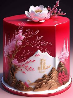 Asian Themed Cake, Japan Theme Cake, Japanese Theme Cake, Wedding Cake Chinese, Mulan Cake, Chinese Marriage, Cake Artwork, Disney Themed Cakes, Cherry Blossom Cake