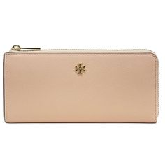 Saffiano leather Zip closure Exterior pocket for easy access to ID Interior 8 card slots, 1 zip pocket, 2 slip pockets Logo-jacquard lining 8"L x 4"H x 1"D Color: Beige.  Gender: female.  Age Group: adult. Elegant Pink Wallets With Rfid Blocking, Pink Formal Wallet With Zipper Closure, Rectangular Saffiano Leather Wallet, Tory Burch Emerson, Pink Quartz, Handbag Accessories, Cloth Bags, Continental Wallet, 4 H