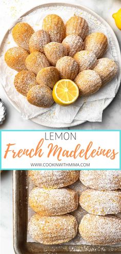 lemon and powdered sugar donuts on a plate with the title overlay reads lemon french madelenies