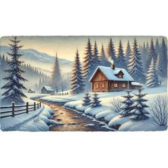 a painting of a cabin in the snow