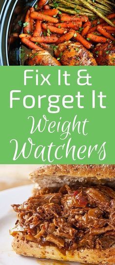 the cover of fix it and forget it weight watchers cookbook with pulled pork, carrots, and asparagus