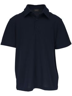 navy blue cotton polo collar front button placket short sleeves short side slits straight hem Navy Polo Shirt With Button Closure For Work, Blue Polo Shirt With Spread Collar For Work, Blue Spread Collar Polo Shirt For Work, Short Sleeve Polo Shirt With Seamless Collar, Classic Blue Short Sleeve Shirt, Navy Short Sleeve Polo Shirt For Work, Blue Polo Shirt With Collar, Short Sleeve Polo Shirt With Button Closure For Work, Short Sleeve Polo Shirt For Work