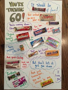 a poster with candy on it that says you're turning 60 and has different types of candy