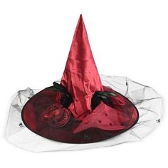 Skeleteen Classic Witch Headpiece is the ideal headwear for any woman dressing up as a cute witch Halloween. This beautiful witch hat can be worn for many style witches, a wicked one, a vintage one, a Victorian one, a creepy one, or a classy one. This hat is made of fancy Red fabric, Satin-Feel and has cool decorations on the side that include a bow with beads, a black veil with spiders hanging down, and some black feather accents. This big felt hat is made to fit most women's  heads. Skeleteen Modern Witch Costume, Witchy Halloween Costumes, Women's Witch Costume, Witch Headpiece, Witch Accessories, Pointy Shoes, Witchy Halloween, Beautiful Witch, Modern Witch