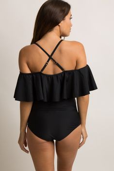 Black Ruffle Trim Ruched One-Piece Maternity Swimsuit Pregnant Swimwear Outfit, Cute Maternity Swimsuit, Maternity Swimwear Two Piece, Pregnant Swimsuit Style, Cute Pregnant Swimsuit Bikinis, Maternity Tankini, Trendy Maternity Outfits, Maternity Swimsuit, Maternity Maxi