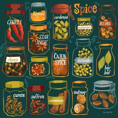 an illustration of spices in jars with labels on the lids and below them is a caption that reads spice