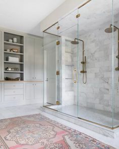 a walk in shower sitting inside of a bathroom