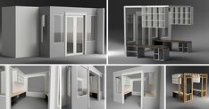 there are four different views of a room in the shape of a house with doors and windows