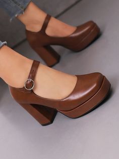 Coffee Brown Elegant Collar   Plain Mary Jane Embellished   Women Shoes Shoes Academia, Dark Brown Heels, Cocktail Shoes, Brown Mary Janes, Zapatos Mary Jane, Plain Jane, Brown Leather Heels, Platform Block Heels, Platform Mary Janes