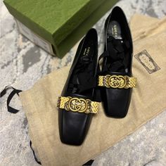 Gucci Women's Interlocking G Ballet Flat Shoes Leather Black New With Original Box And Dust Bags! 100% Authenticity Guaranteed! Three Size Available 36.5/Us 6.5 38 /Us 8 39 /Us 9 Brand New With Tag And Dust Bags. The Ballet Flat Is Defined By An Antique Gold-Toned Interlocking G And A Contrasting Leather Bow. The Squared Toe Shape Is Introduced In Black Leather, While The Grosgrain Ribbon Straps Complete The Style. Luxury Quality Black Color 100% Extra Soft Leather Antique Gold-Toned Hardware Py Gucci Luxury Square Toe Heels, Gucci Black Square Toe Heels, The Ballet, Python Print, Leather Bow, Leather Flat Shoes, Leather Bows, Shoes Leather, Gucci Shoes