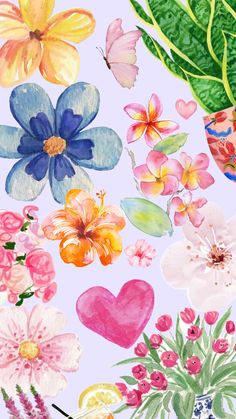 watercolor flowers and hearts on a blue background