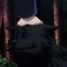 an anime character with a wolf's head in front of them and trees behind him