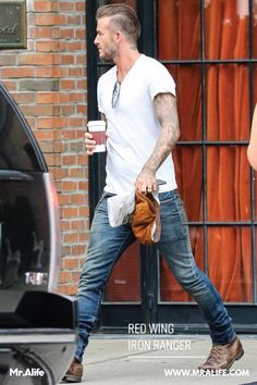 David Beckham Red Wing Iron Ranger outfit: Red Wing Iron Ranger with jeans + white t-shirt #redwing #menswear David Beckham Style, Men Street, David Beckham, Men's Grooming, Stylish Men