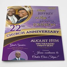 a purple and gold wedding anniversary program with an image of two people on the front