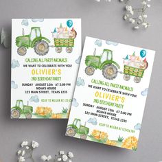 two farm themed birthday party cards on a table