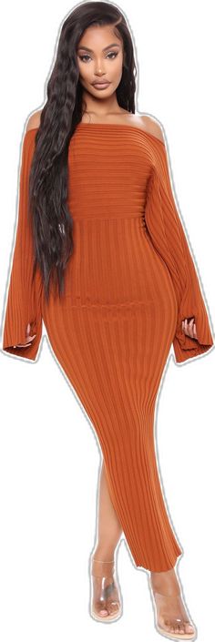 Brown Ribbed Long Sleeve Bodycon Dress, Orange Long Sleeve Stretch Bodycon Dress, Orange Stretch Bodycon Dress With Long Sleeves, Heather Sweater, Sweater Midi Dress, Review Fashion, Sweater Dress Midi, Curve Dresses, Womens Loungewear