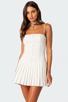 Chic White Strappy Dress, Fitted White Dress With Straps, Chic White Strappy Mini Dress, White Strappy Mini Dress For Spring, White Lined Mini Length Corset Dress, White Mini Length Lined Corset Dress, White Flirty Fitted Corset Dress, Fitted Strappy Spring Dress, White Fitted Flirty Corset Dress