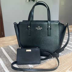 Small Black Tote With Shoulder Handles Or Crossbody Strap. Matching Wallet With Card Slots And Coin Purse. Barely Used Condition: No Scrapes, Scratches, Stains Etc Bags Kate Spade, Black Tote, Kate Spade Bags, Kate Spade Bag, Crossbody Strap, Womens Tote Bags, Card Slots, Slots, Coin Purse