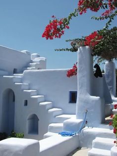 a white building with red flowers on the roof and steps leading up to it's entrance