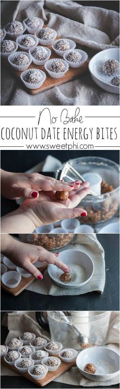 no bake coconut date energy bites recipe on a table with plates and napkins