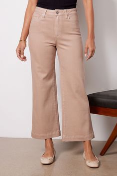 Amp up your fall wardrobe with this wide leg silhouette by Paige. Crafted in luxe coated denim, the Anessa features a flattering high-rise fit, classic 5-pocket styling, and ankle-length hems—perfect for day-to-night wear. Beige Cropped Wide Leg Pants For Work, Chic Beige Cropped Wide Leg Pants, Wide-leg Flare Jeans For Work, High Rise Beige Wide Leg Pants For Work, Beige Wide Leg Flare Jeans For Work, Beige High Rise Wide Leg Pants For Work, Elegant Wide-leg Flare Jeans For Spring, Beige Wide Leg Flare Jeans For Fall, Chic Wide Leg Flare Jeans For Work