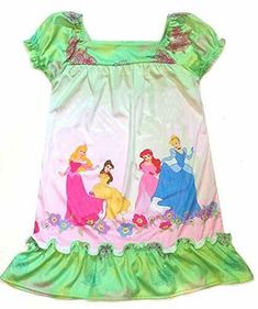 In a pretty shades of green with a colorful Princess themed graphic. Features Cinderella, Aurora, Ariel and Belle in a whimsical, colorful graphic. A squared neckline and short sleeves with elasticized cuffs. A coordinating floral print hemline. Of a silky polyester fabric.   Paypal Payments Accepted.   All purchases are mailed out within 2 business days of receipt of payment. Green Summer Nightgown For Sleepover, Green Sleepwear For Sleepover, Cute Short Sleeve Nightgown For Spring, Cute Short Sleeve Spring Nightgown, Green Short Sleeve Summer Nightgown, Spring Sleepover Multicolor Nightgown, Spring Multicolor Nightgown For Sleepovers, Multicolor Spring Nightgown For Sleepovers, Green Short Sleeve Sleepwear For Spring