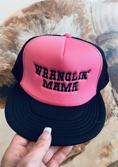 This Hot Pink Wranglin Mama Embroidered Cap is the perfect choice for those who want a stylish foam trucker hat. Featuring an embroidered wranglin mama, this hat is a stylish way to show your personality. With a durable foam construction, this hat is designed for the great outdoors. Adjustable Trucker Hat With Embroidered Logo And Flat Brim, Adjustable Snapback Trucker Hat With Embroidered Logo, Adjustable Trucker Hat With Embroidered Logo, Trendy Adjustable Trucker Hat With Embroidered Logo, Novelty Adjustable Trucker Hat With Flat Bill, Trucker Hat With Embroidered Logo, One Size, Trucker Hat With Embroidered Logo And Flat Brim, Adjustable Embroidered Trucker Baseball Cap, Embroidered Logo Trucker Hat With Flat Bill