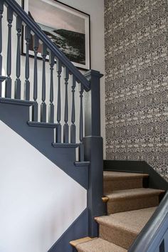 there is a stair case on the wall next to the carpeted stairs in this house