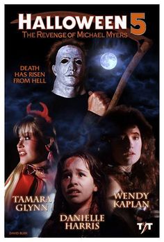 halloween 5 the revenge of michael myerss poster with characters in costume and text on it