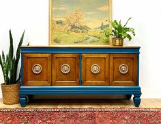 a blue and brown cabinet with two potted plants next to it on top of a rug