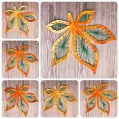 four different pictures of leaves made out of paper on wood planks, each with an orange and green leaf