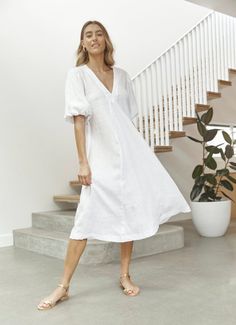 The Charlotte Dress (linen) is made from 100% linen and features balloon sleeves with a front panel to add width and give the dress a full hem. Linen:- White- Black- SandCotton:- Olive Check- Jade GinghamCare Instructions:Cold gentle machine wash. Do not tumble dry.As all items are made to order we require 5-7 business days for production.All packages are shipped with EXPRESS POST, and are delivered by DHL worldwide. Delivery is guaranteed within 1 week of shipment. Elegant Linen Puff Sleeve Dress For Brunch, Chic Linen Midi Dress With Gathered Sleeves, Linen Short Sleeve Midi Dress For Brunch, Chic Linen Puff Sleeve Dress For Brunch, Linen Midi Dress With Short Sleeves For Brunch, Spring Linen Dress With Gathered Sleeves, Linen Puff Sleeve Dresses For Day Out, Linen A-line Dress For Brunch, Spring Linen Puff Sleeve Dress