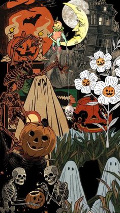 an image of halloween scene with pumpkins and skeletons