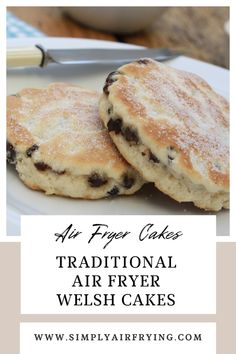 traditional air fryer english muffins on a white plate with text overlay