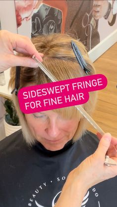 Sonna Jean Brado | What do you do if your client has fine hair and wants a full fringe? PIVOT!😂👍(I couldn’t resist) But seriously, pivoting your sections… | Instagram How To Style Fine Straight Hair, Hairstyles For Big Foreheads Women, Hair Styles For Big Foreheads, Shakira She Wolf, Hair For Big Foreheads, How To Cut Fringe, Fringe Bob Haircut, Choppy Fringe