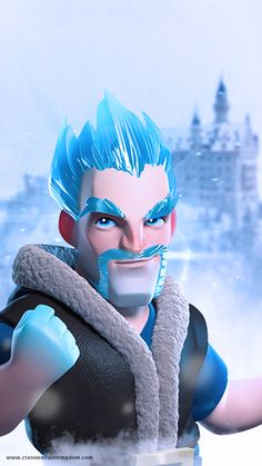 an animated character with blue hair and mustaches in front of a snowy cityscape