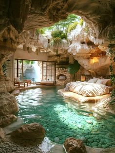 a bedroom with a pool in the middle and lots of rocks on the floor next to it