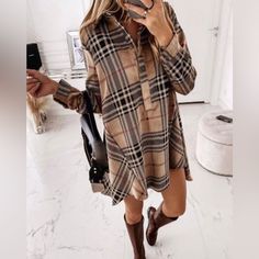 Women’s Plaid Khaki Long Sleeve Casual Shirt Dress By Chicme New Sz M This Didn’t Come With Tags, It’s Tools Months To Arrive By The Time It Did, It’s Too Large For My Wife. Fall Plaid Dress, Kimono Coat, Plaid Outfits, Dress Women Elegant, Fall Plaid, Plaid Dress Shirt, Long Sleeve Plaid Shirt, Winter Dress, Linnet