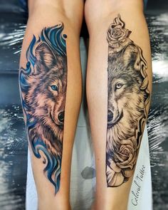 two wolf tattoos on both legs, one with blue eyes and the other with roses