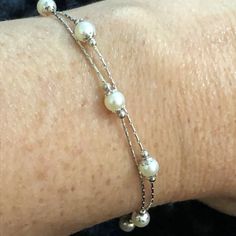 14k White Gold Double Strand Pearl Bracelet 7 1/2" - Like New This Is A Very Fun Bracelet With Great Shimmer And Shine, Can Be Worn Single Or Wear More Than One For A Bolder Look. This Listing Is For One Single Bracelet. At Time Of Listing We Have Two In Stock. ( With Certified Gsa Appraisal ) The Bracelet Has 4 Freshwater Pearls, 4.5mm , Bracelet Is Secured With A Lobster Clasp. We Do Offer Combined Shipping On Multiple Purchases. Thank You For Your Interest And Please Be Sure To See Our Other Listings For More Great Jewelry, Books And Collectibles. Elegant Gold Bracelet With Hypoallergenic Round Beads, Elegant Hypoallergenic Gold Bracelet With Round Beads, Elegant Single Strand Pearl Bracelet For Anniversary, Elegant White Gold Pearl Bracelet For Anniversary, Formal White Gold Jubilee Pearl Bracelet, Sterling Silver Single Strand Bracelet, Single Strand Sterling Silver Bracelet, White Sterling Silver Bracelet For Anniversary, Elegant Double Strand Jubilee Bracelet