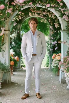 👉 Break Free from the Ordinary: Click the Link to Find Items and Other Outfits that Redefine Cool 👈  ///// Elegant light grey suit paired with a blue striped shirt, perfect for a summer garden wedding. Brown dress shoes add a classic touch. Party Mens Outfits, Light Grey Suit, Wedding Brown, Groom Wedding Attire, Light Grey Suits