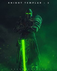 the poster for star wars knights templar templar, with green lights on his face and arms