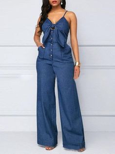 Casual V-neck Knotted Wide-leg Denim Jumpsuit – InsStreet Denim And White Outfits Party, Denim And White Outfits, Denim Jumpsuits, Cheap Jumpsuits, Pocket Jumpsuit, Rompers Online, Loose Jumpsuit, Fashion Bottoms, Winter Leggings