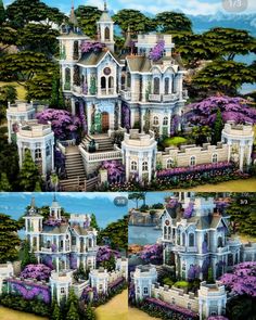 two pictures of the same house with purple flowers