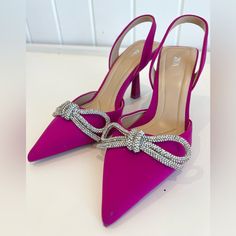 Nwot Only Worn Around The House But Decided They Are Slightly Too Big On Me. Satin Heels, Rhinestone Bow, Zara Shoes, Pink Satin, Zara, Satin, Heels, Pink, Women Shopping