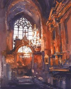 a painting of an old church with stained glass windows and chandelier hanging from the ceiling